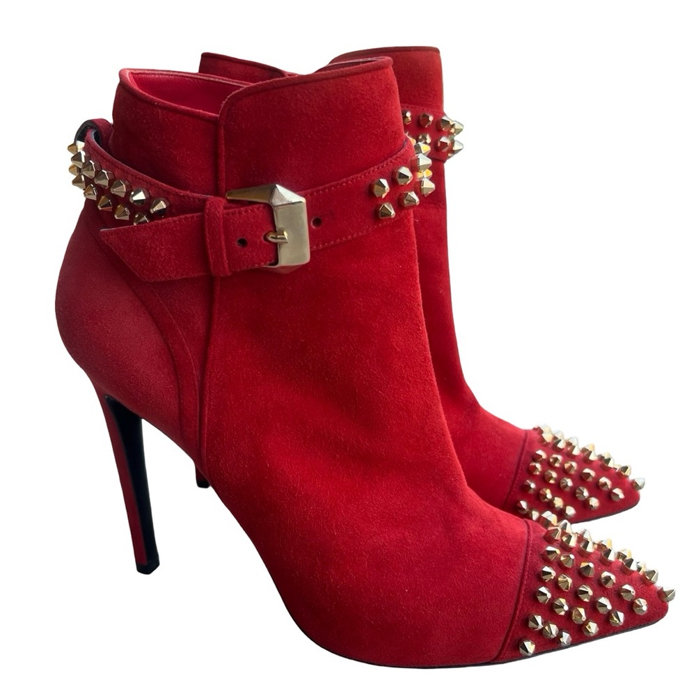 Philipp Plein $1350 On My Boo Red Studded Suede Booties Designer Stilettos EU39